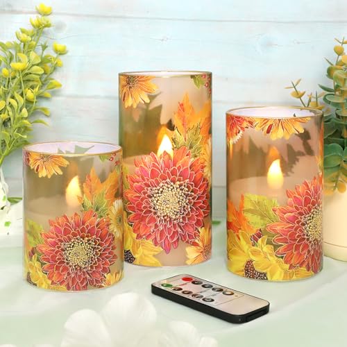 Image of Flameless Candles Chrysanthemum Decal with Remote & Timer - Real Wax Flickering Battery Operated Candles - Home Farmhouse Holiday Spring Decorations - Set of 3