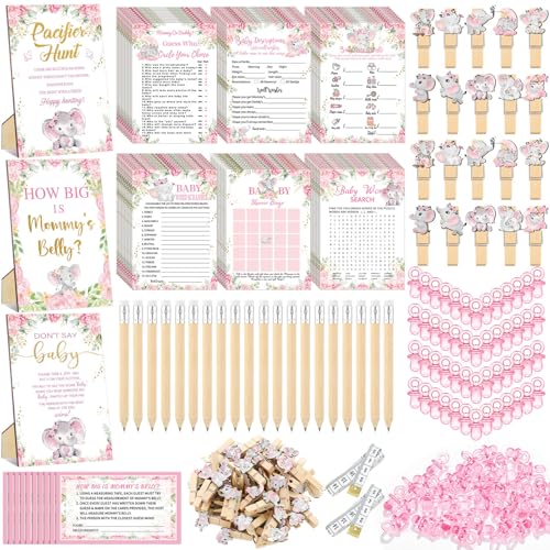 Sherr 476 Pcs Elephant Themed Baby Shower Games 6 Sets Activities Card Pacifier Hunt Game 50 Pacifier How Big Is Mommy's Belly Sign 50 Guessing Card 2 Measuring Tape Don't Say Baby Sign 50 Clothespin