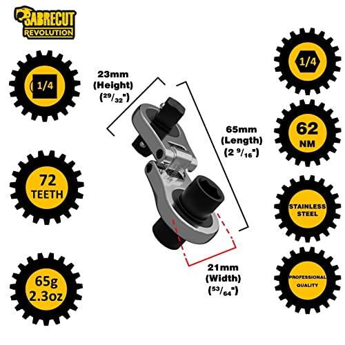 SabreCut 1 x MRSC08 Dual Drive Flex Smallest Mini Micro Ratchet 6.3mm HEX 1/4" Square Drive Stainless Steel Professional 72 Tooth Gear Tiny Hand Ratchet Wrench - Image 2