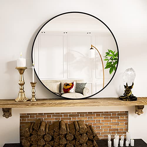 Image of VooBang Round Mirror 23.6 inch Black Wall Mounted Circle Mirrors Vanity Mirror with Aluminum Alloy Frame Modern Decoration for Bathroom, Living Room, Vanity, Bedroom, Entryway