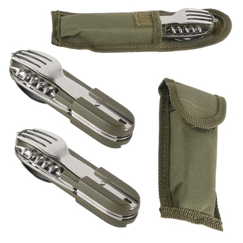 Dwitkul Lot de 2 Couvert Camping Multifonction, Couteau Fourchette Cuillere 7 en 1 en Acier Inoxydable, avec Sac de Rangement - Multifonction pour Randonnée,...