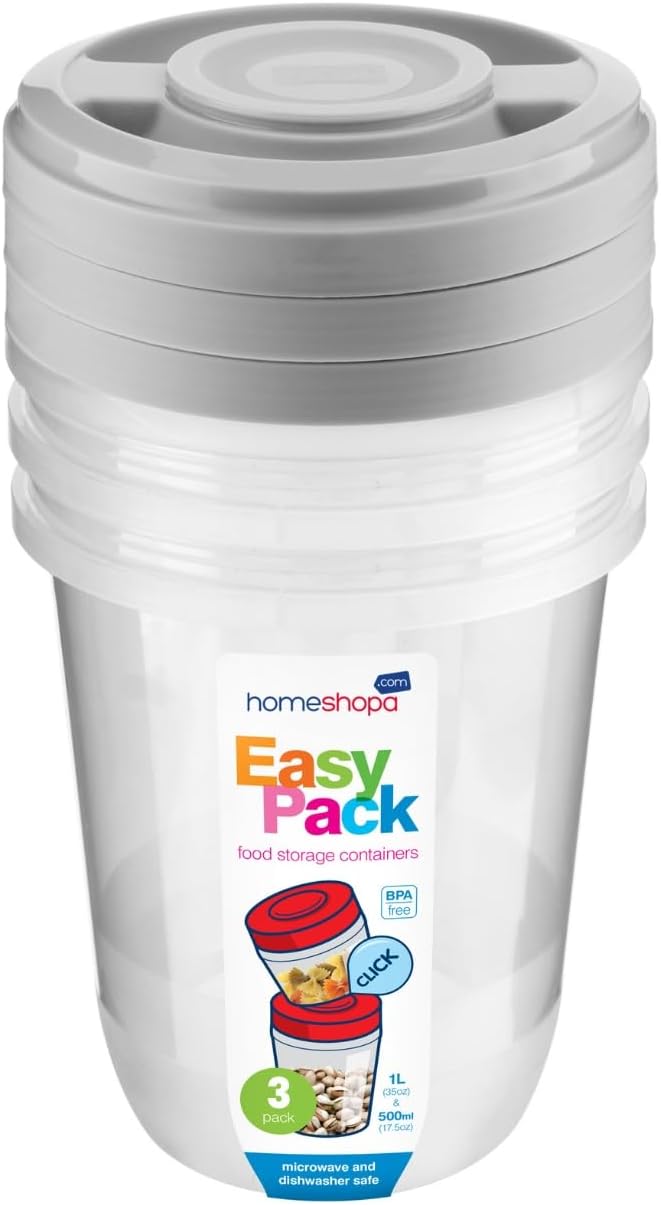 HOMESHOPA Round Plastic Food Storage Containers, Grey 3 Pack 1 Litre Screw & Seal Lids BPA-Free Stackable Leak-Proof Airtight Canisters, Microwave and Dishwasher Safe