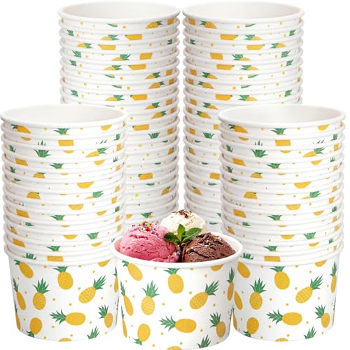 Image of Funnymoom 50 Pack Pineapple Ice Cream Cups 9 oz Yellow Pineapple Disposable Dessert Bowls Fruit Paper Soup Bowl Snack Cup for Hot or Cold Food for Summer Hawaiian Luau Theme Baby Shower Birthday Party