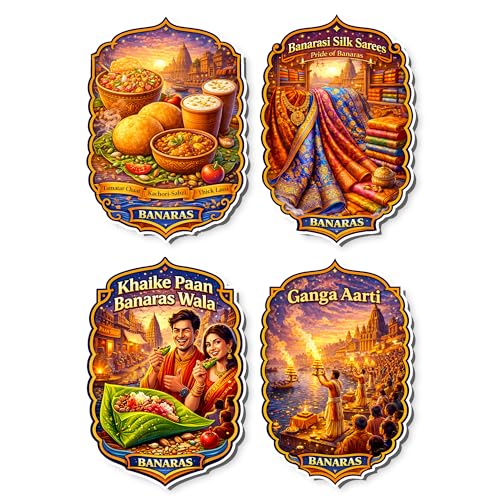 Image of Regalo Casila Banaras Tourism Souvenir Wooden Fridge Magnet Set of 4 Banarasi Food Silk Sarees Khaike Paan Ganga Aarti Refrigerator Magnets