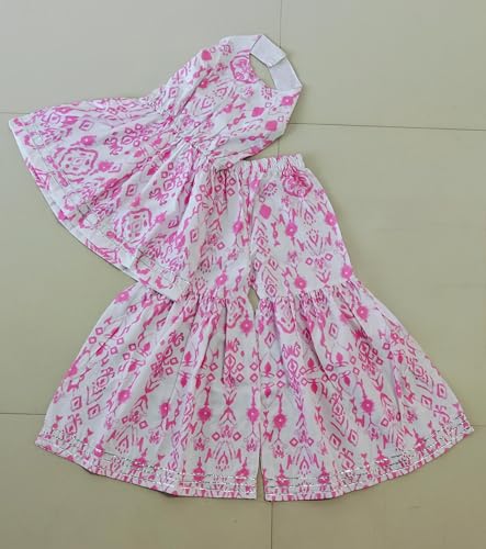 Image of GORLYA Girl's Cotton Sleeveless Printed Ethnic Peplum Kurta & Sharara Set - White & Pink