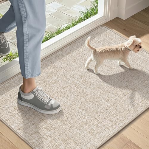 LEKEEPGO Ultra Thin Indoor Door Mat 17x29 Low-Profile Door Mat Indoor Entrance Non Slip Rubber Backing Inside Doormat Washable Welcome Front Entryway Dirt Trapper Entry Mat Khaki