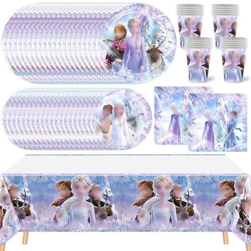 81 PCS Frozen Party Supplies Frozen Party Tableware Set Includes 40 PCS Paper Plates 20 PCS Napkins 20 PCS Paper Cups and 1 Tablecloth for Frozen Birthday Party Decorations