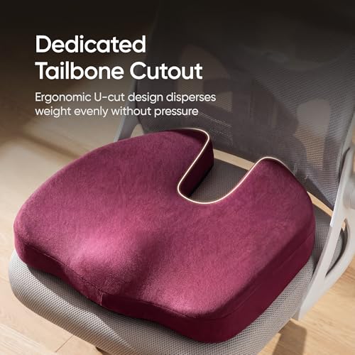 Image of Frido XL Coccyx Seat Cushion for Tailbone Pain Relief | Orthopaedic Memory Foam Chair Cushion for Office Chair, Car Seat & Work from Home | Anti Slip Base | Large Ergonomic Sitting Pillow - Red Wine