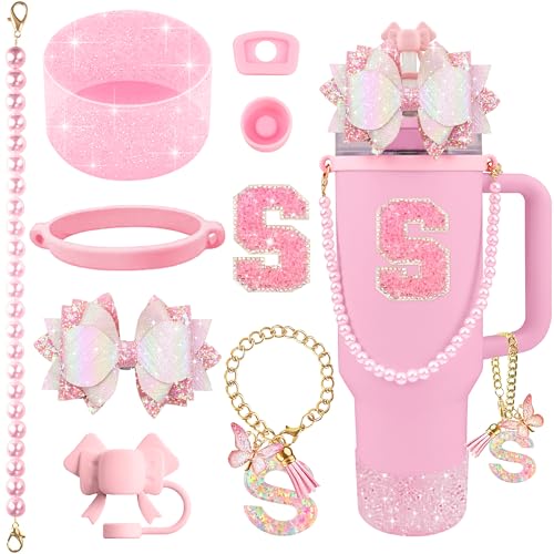 Hpebl 9PCS Pink for Stanley Cup Accessories Set 30/40 Oz Bling Initials Bow Charms for Stanley Decorations Tumbler Accessories Including Bow Straw Topper, Pearl Handle Strap,Spill Stopper(Letter S) - image 1
