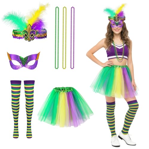 Waldspring Costume Carnaval Femme, 7 Pcs Déguisement Carnaval Femme, Tutu Fluo+Bandeau Plumes+Masque+Collier+Bas Longs, pour Rave parties, Fêtes costumées,...