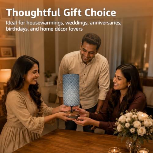 Image of Amazon Basics Bagru Indigo Table Lamp | Hand-Painted Mango Wood Base with Printed Polyester Shade | E14 Holder | Decorative Night Lamp for Bedroom, Living Room & Study Room | Home Decor Gift
