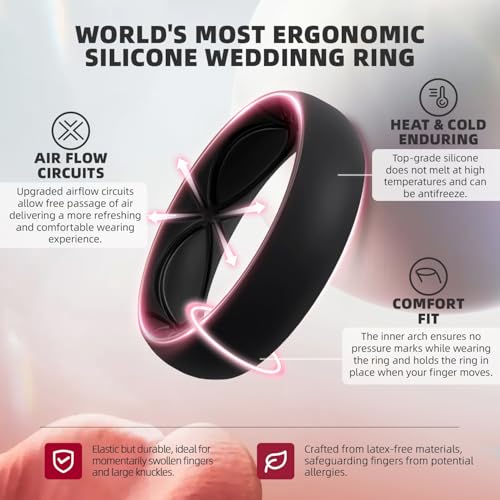 Image of Egnaro 4 /5 /8 Variety Multipack Ergonomic Breathable Anniversary Rings, 6mm Wide - 2mm Thick Rubber Wedding bands women, silicone Rings Women with Half Size
