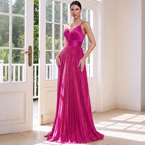 Image of Sexy Backless Maxi Formal Dress for Women with Sequin, Sleeveless Pleated Evening Gowns for Wedding and Cocktail