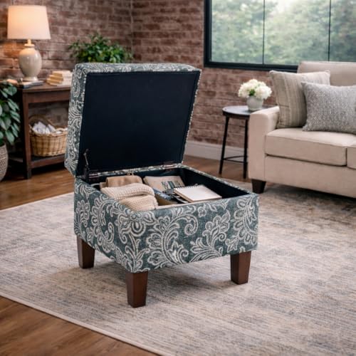 Image of HomePop 22 inch Modern Rectangular Storage Ottoman - Blue Denim Jacobean Print