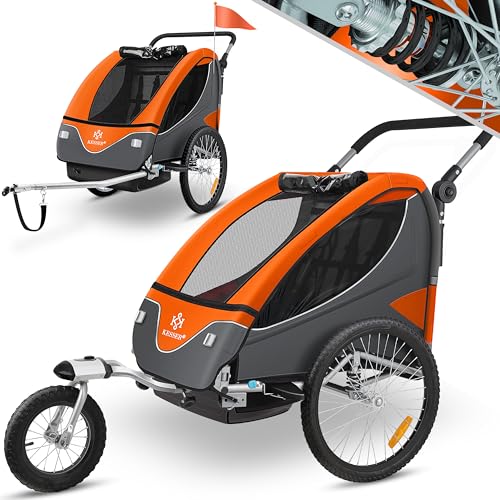 KESSER® Kinderanhänger Fahrradanhänger 360° Drehbar mit Federung 2in1 Joggerfunktion Kinderfahrradanhänger + 5-Punkt Gurt Jogger Fahrrad Anhänger für 1 bis 2 Kinder max. 40kg Inkl. Warnfahne, Orange