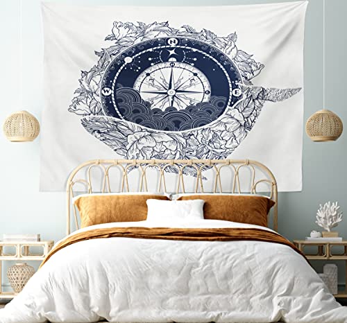 Lunarable Nautical Tapestry, Antique Compass Floral Whale Tattoo Art Ocean Mystic of Adventure, Fabric Wall Hanging Decor for Bedroom Living Room Dorm, 45" X 30", Dark Blue and White - Image 5