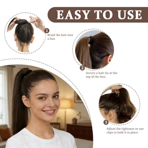 Jetstream 2 Stück Zopf Extension, 45cm Pferdeschwanz Haarteil, Ponytail Extension, Echthaar Zopf, Dunkelbraun, Gerader und Welliger Pferdeschwanz, Geeignet für Frauen und Mädchen