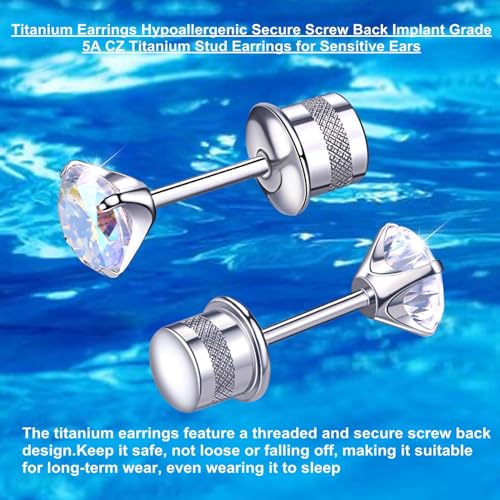 Titanium Earrings, Hypoallergenic Screw Back G23 Implant Grade 20G Titanium Simulated Diamond Earrings for Sensitive Ears 5mm 5A Cubic Zirconia Stud Earrings for Women Men3