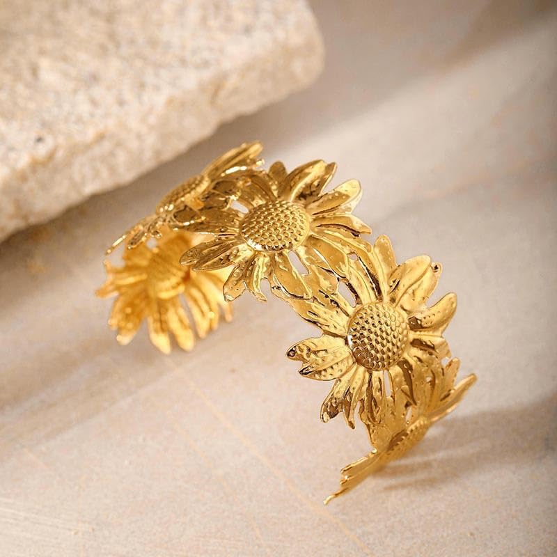 Chunky Flower Bracelet Dainty Gold Sunflower Cuff Bracelet Golden Open Bangle Silver Flower Cuffs Wide Floral Accessories Gift for Women Simple Minimalis Fashion Vintage Jewelry - Image 8