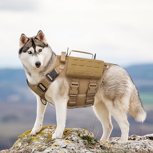 AIWAI Tactical Hundegeschirr mit Griff für große Hunde, 2X Metallschnalle, Hund MOLLE Weste mit Taschen, Kein Zug Verstellbare Easy Control Hundeweste Geschirr für Working Training (Khaki, L)