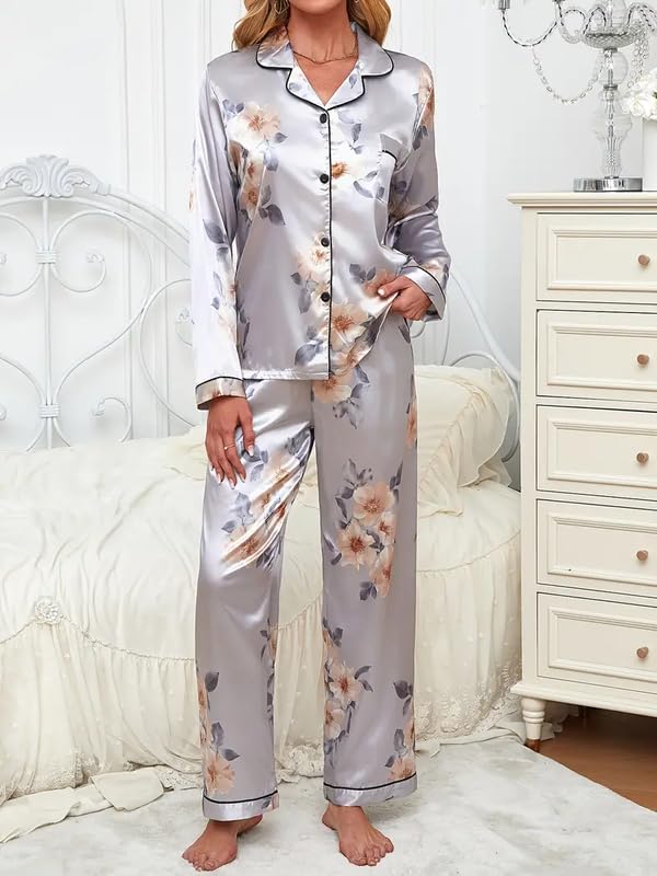 Image of Night Suit for Women with Full Sleeve Button-Down Top with Pant Dress for Woman, Night Dress for Woman, Cotton Two-Piece Loungewear Set