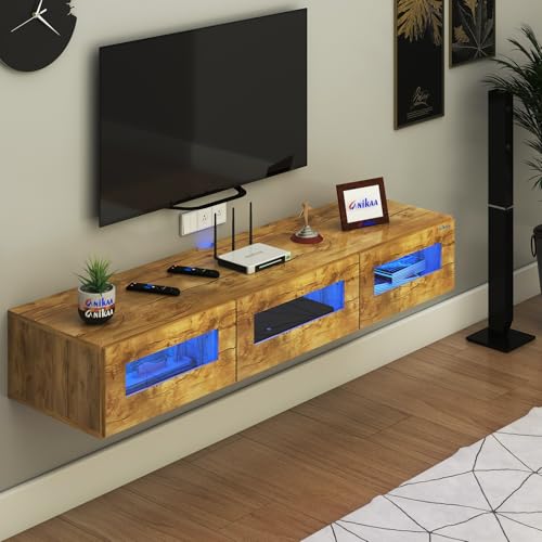 Image of Anikaa Rayza Wall Mount Modern Floating TV Unit for Living Room | 3 Closed Storage cabinets with hinged Door - 3 Blue LED Light | Ideal for UP to 65 Inch TV (Gaintwood Finish - DIY Installation)
