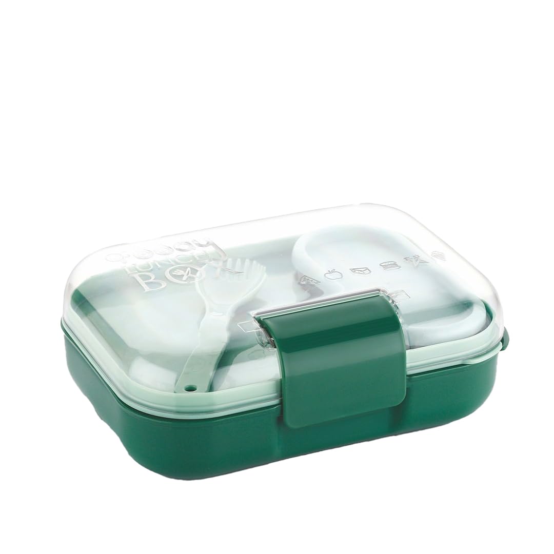 ATTRO Food Bite Kids Plastic Lunch Box – 3 Compartments, 1 Small Container & Spoon, with Stylish Lid BPA-Free, Freezer Safe, Ideal for School, Travel & Outdoor - Green-image-13