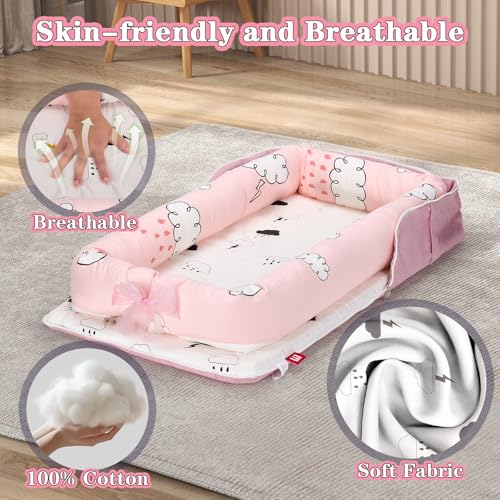 Image of Baby Lounger for Newborn-Portable Baby Lounger 0-24 Months for Home and Travel,Newborn Loungers with Strap, Baby Nest Lounger Adjustable Size,Raindrop Clouds