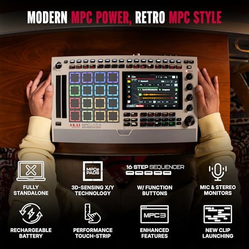Image of Akai Professional MPC Live III Retro - Standalone Portable Music Production Center with MPCe Pads, Sequencer, Touchscreen, Mic, Stereo Monitors, Audio Interface, Wi-Fi, Bluetooth, Battery, Touchstrip