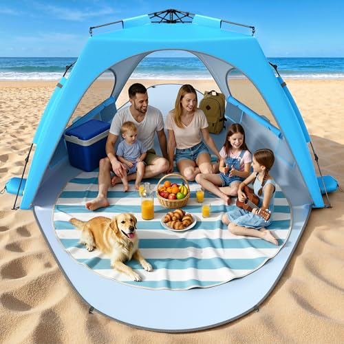 Raynesys Beach Tent Sun Shelter for 5-6 Person, Pop Up Beach Canopy, UPF 30+ UV Protection, Breathable Mesh Window, Portable Sun Shade Tent with Carrying Bag for Sands & Outdoor, Sky Blue, Size XL