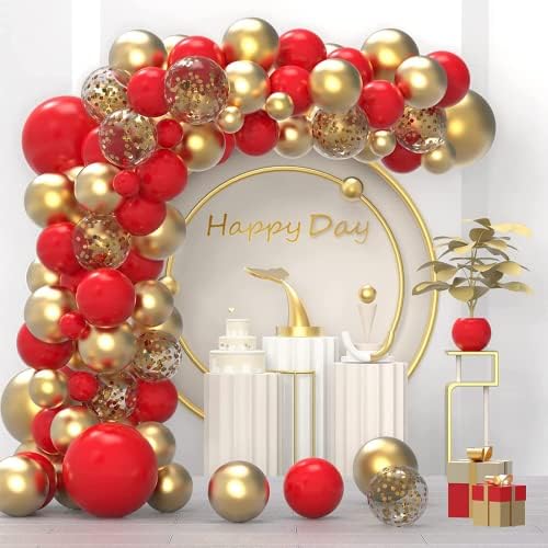 Red Gold Balloons Garland Kit, 120Pcs 18 12 10 5In Red and Gold Balloons With Gold Confetti Balloons for Valentines Wedding Bachelorette Birthday Baby Shower Engagements Anniversary Party Decorations