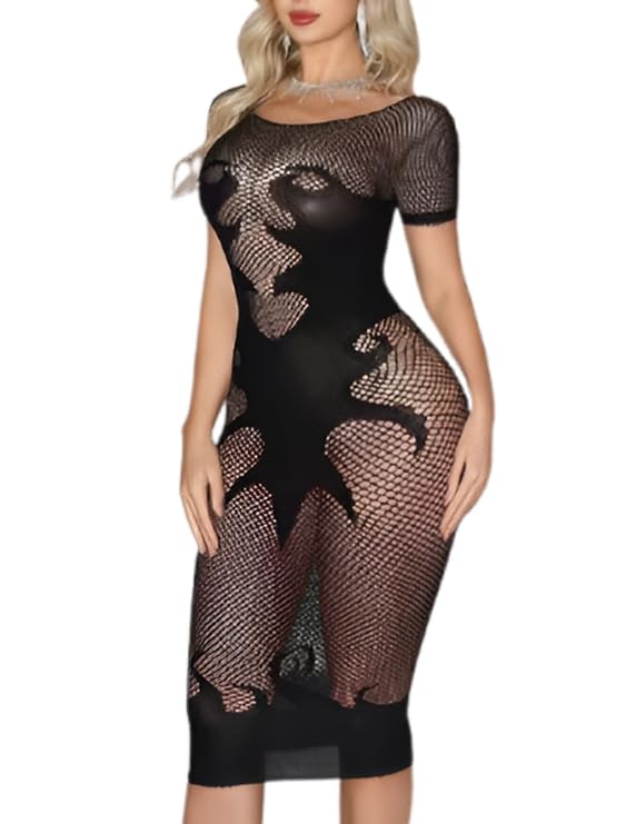 Women's Fishnet Bodycon Midi Dress, Short Sleeve, Sheer Mesh, Sexy Club Wear, Available in Black, Red, and Burgundy-image-23