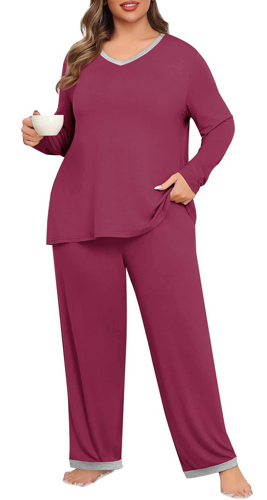 POSESHE - Conjunto de pijama de manga larga para mujer, 2 piezas, talla grande, conjunto de pijama con bolsillos, 2024, Rojo vino, XX-Large Plus
