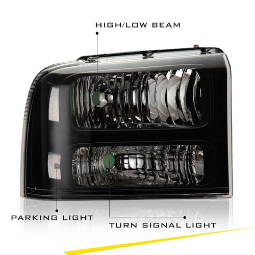 Image of GRAND ORANGE Headlights Assembly Compatible with 2005-2007 Ford F250 F350 F450 F550 Super Duty /Fit 2005 Ford Excursion Headlamp Driver & Passenger Side Clear lens Black Houing Clear Reflector