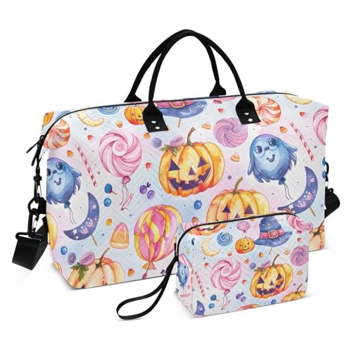 Halloween Travel Gym Bag, Pumpkin Magic Hat Candy Weekender Overnight Duffle for Women with Toiletry Bag Travel Swim
