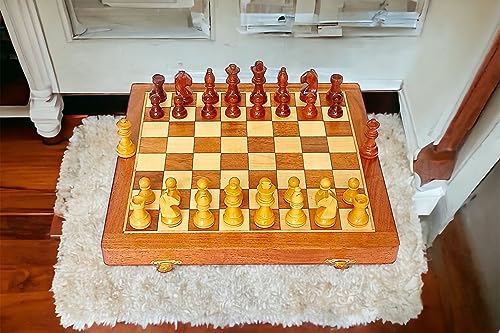 Image of Sheesham Wood | Wooden Non-Magnetic Foldable Chess Board with Coins | Multiple Size | Brown Colour | Square Shape | Storage Capacity. (KWK002)