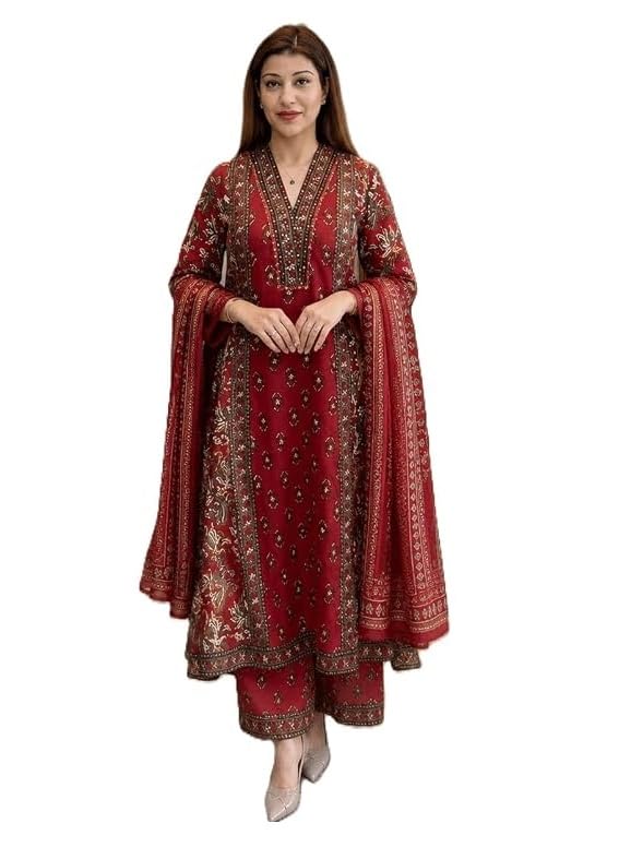 Women's Pure Cotton V Neck Embroidery Work Kurta with Pants Set-image-21
