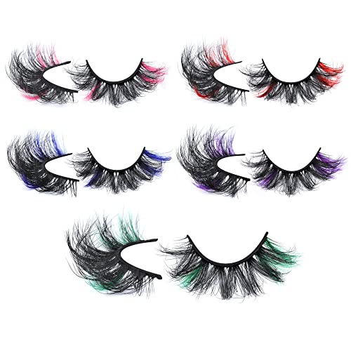 Pawotence Colored Lashes Natural Fluffy Eyelashes Colorful 3D Effect Natural Faux Mink Lashes Wispy Lashes Dramatic Festival False Eyelashes Fluffy 5 Pairs Pack