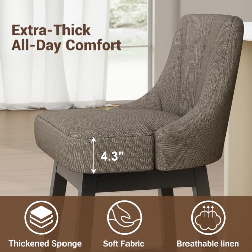 Image of YaFiti 26 inch Fabric Swivel Bar Stools Set of 4 with Back &Wood Leg,Deep Taupe | Linen Fabric, Extra Upholstered Seat, Counter Stool, Square Solid Wood Legs, with Backrest & Footrest, for Kitchen Island Bar