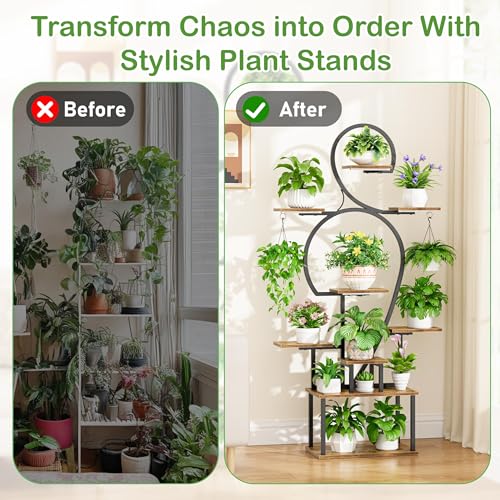Image of POZILAN Plant Stand Indoor with Grow Lights, 63'' Tall Indoor Plant Shelf, 9 Tiered Lighted Plant Stands for Living Room, Metal & Wood Corner Large Flower Holder for Alcony, Patio & Home, Black