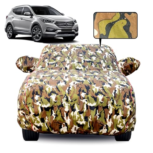 Image of Waterproof Car Body Cover for Hyundai Tucson (2022-2024) with Mirror Pocket, Soft Cotton Lining, Triple Stitched, Full Bottom Elastic (Heat Resistant Jungle Print with Red Piping)