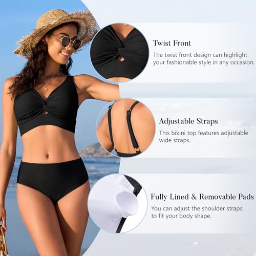 Bikini Tops for Women Padded V Neck Swimsuit Tops Knot Twist Hollow Cut Adjustable Tank Bathing Suits4