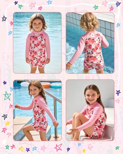 Image of babygoal Little Girl Rash Guard UPF 50+ Swimsuit 2-Piece, Long Sleeve Rashguard Bathing Suit Set for Girls 3-8 Years