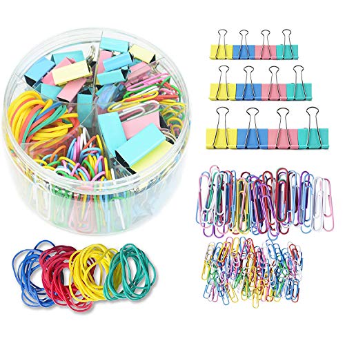 Binder Clips, Paper Clips, Rubber Bands, Paper Clamps - Muticolor Office Clips Set - 3 Sizes Binder Clips, 2 Sizes Paper Clips, 4 Colors Rubber Bands for Office, School Supplies (240 Pcs)