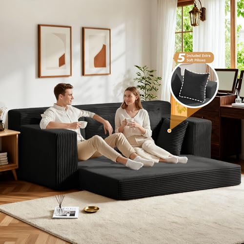 Convertible Sofa Bed, Pull Out 3 Seater Sleeper Sofa, 70" Black Boneless Couch Fold Out Floor Couch with 5 Pillows for Living Room Bedroom Lounge Small Space - Image 5
