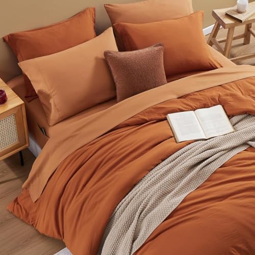 Image of Queen Comforter Set-7 Pieces Soft Prewashed Bed in a Bag Queen Bedding Sets | All Season Comforter with Sheets, Pillow Shams & Pillowcases,Burnt Orange
