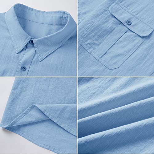 Pengfei Mens Short Sleeve Shirts Linen Cotton Button Down Tees Spread Collar Plain Shirts A-Blue #TOP2