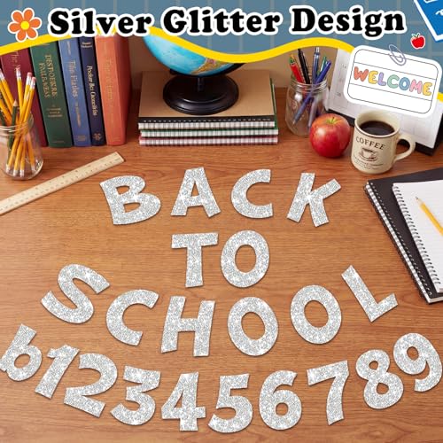 Image of Colarr 144 Pcs Glitter Bulletin Board Letters for Classroom Number Alphabet Punctuation Symbol Cutout 4'' Die-Cut Poster Letter with Adhesive Dot School Party Holiday Decor Display(Silver)