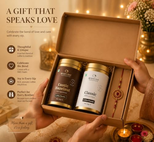 Image of Beany Day Raksha Bandhan Coffee Gift Hamper | Classic & Exotic Hazelnut Instant Coffee (80g Each) | Premium Rakhi Gift Set for Brother Sister | Ready to Gift Coffee Combo with Free Rakhi