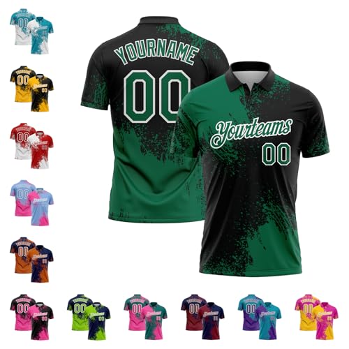 Custom Men Women Youth Golf Polo Shirts Kelly Green Black, Design Fashion Two Toned Tennis Bowling Sports Jerseys for Team Club Family, Personalized Blank Brush Pattern Short Sleeve Pullover Tee Shirt